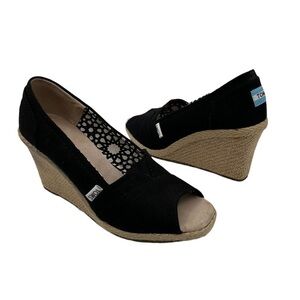 TOMS Black Peep Toe Espadrille Wedge Sandals Size 8 Women's